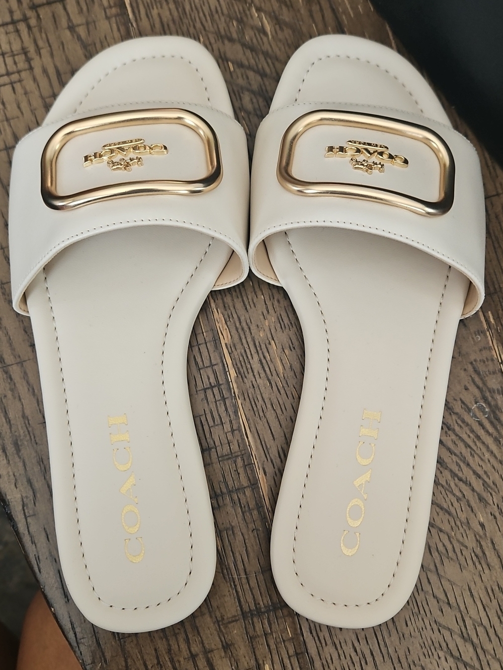 Brand New Evy  Coach Cream Slide Mules with Gold Hardware